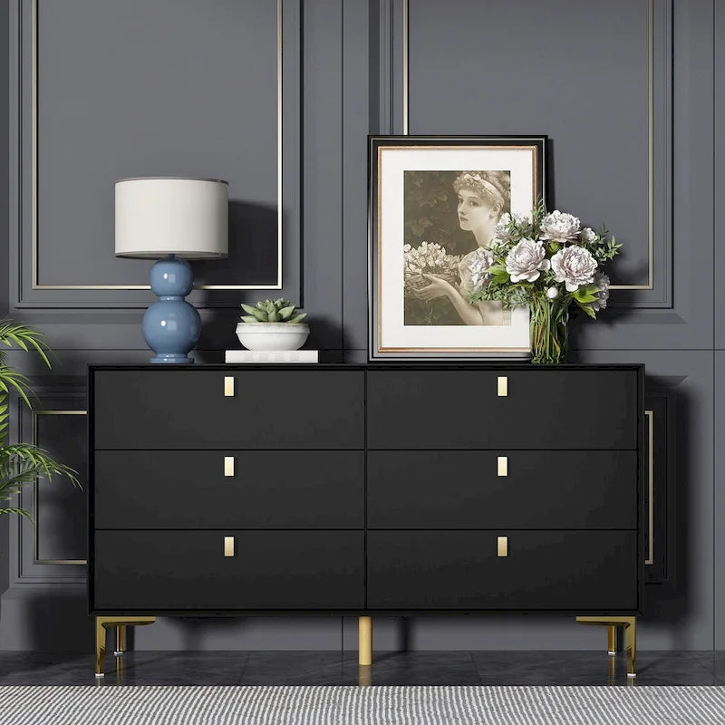6-Drawer Wood Dresser with Gold Metal Legs, Black White Navy Blue