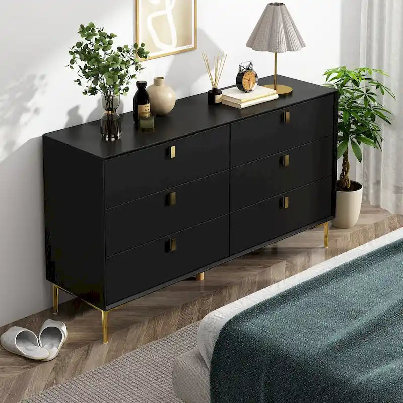 6-Drawer Wood Dresser with Gold Metal Legs, Black White Navy Blue