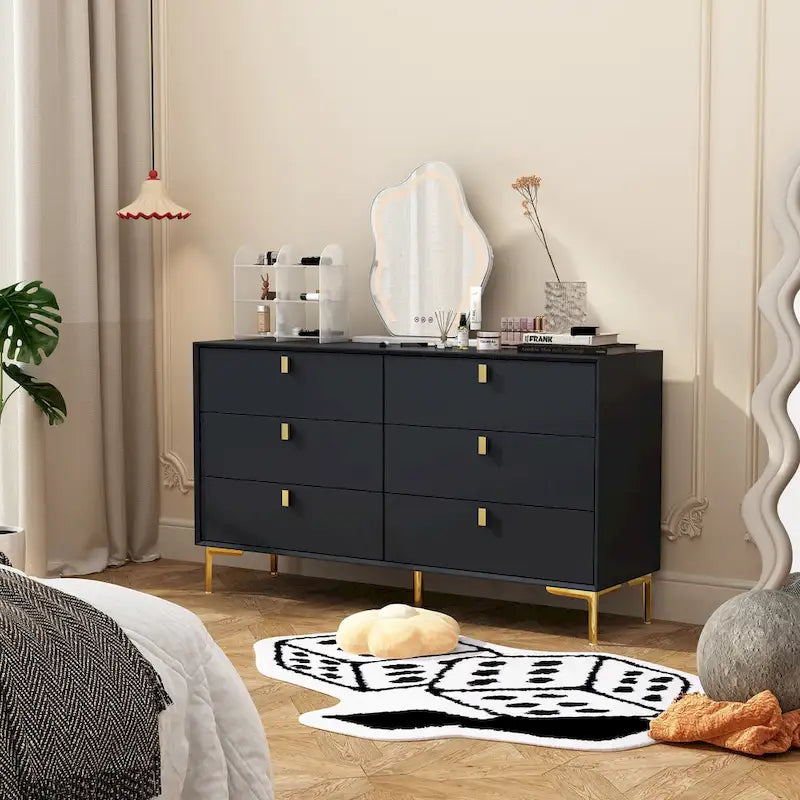 6-Drawer Wood Dresser with Gold Metal Legs, Black White Navy Blue