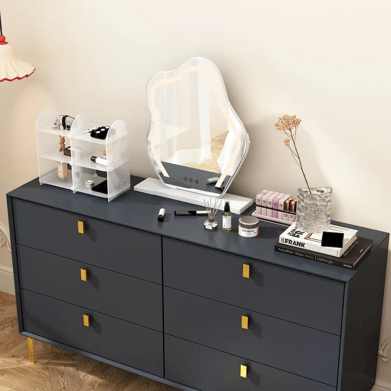 6-Drawer Wood Dresser with Gold Metal Legs, Black White Navy Blue