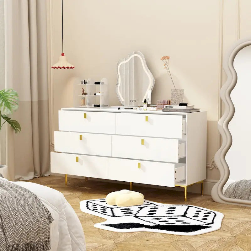 6-Drawer Wood Dresser with Gold Metal Legs, Black White Navy Blue