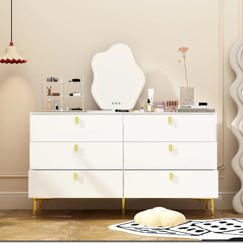 6-Drawer Wood Dresser with Gold Metal Legs, Black White Navy Blue