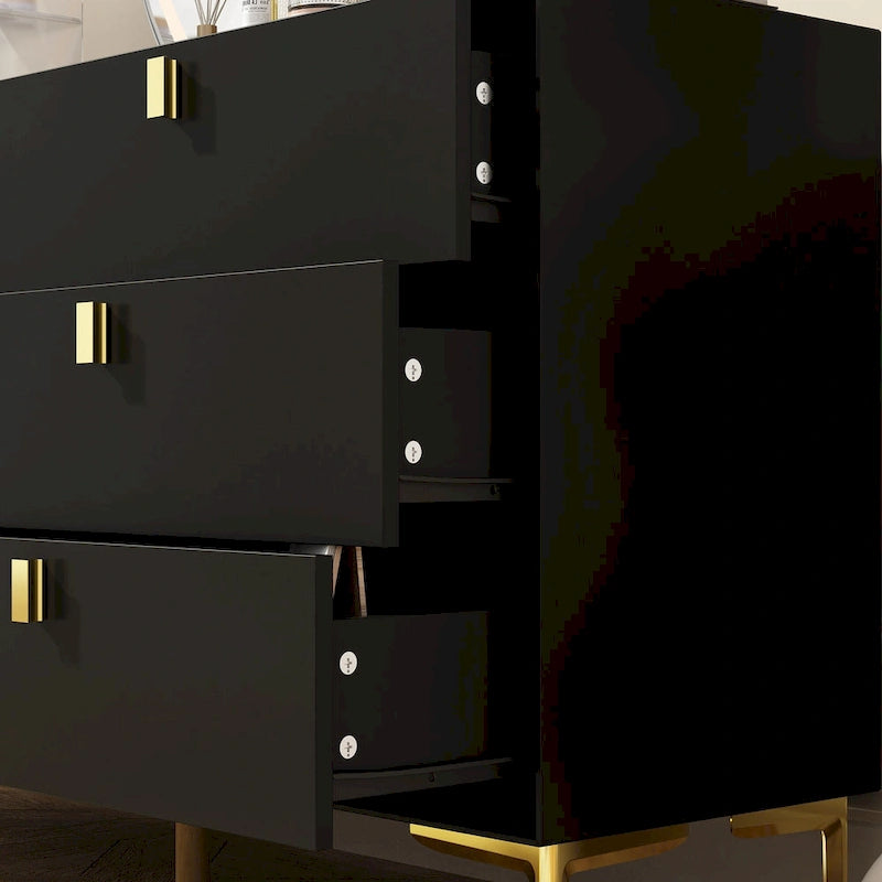 6-Drawer Wood Dresser with Gold Metal Legs, Black White Navy Blue
