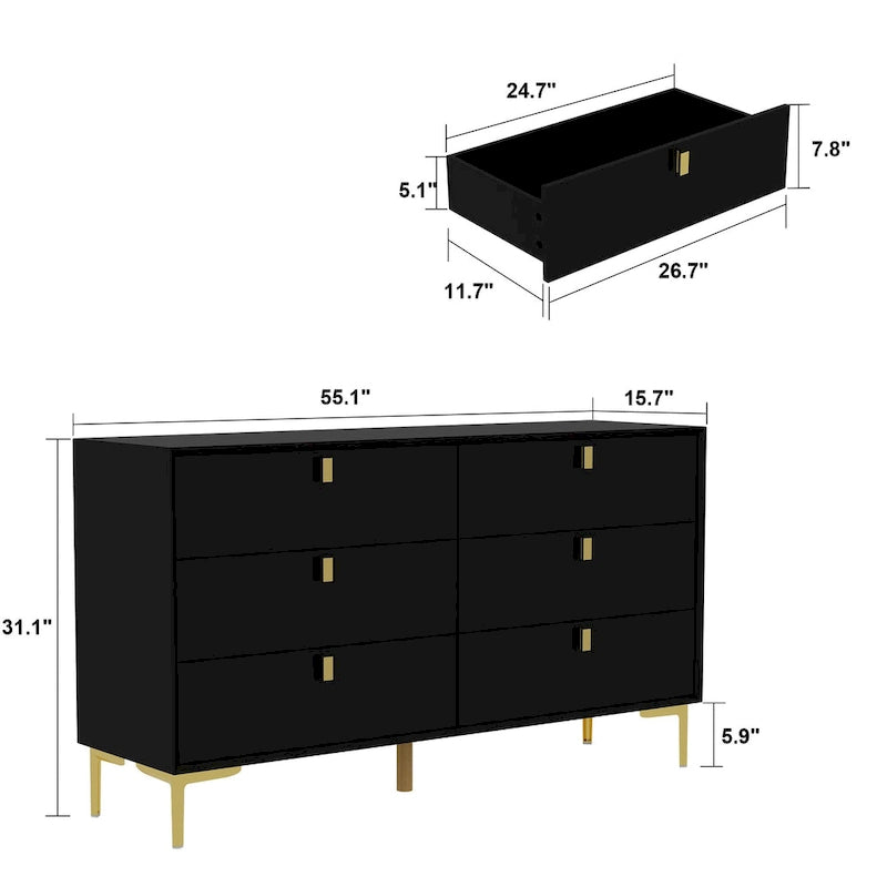 6-Drawer Wood Dresser with Gold Metal Legs, Black White Navy Blue