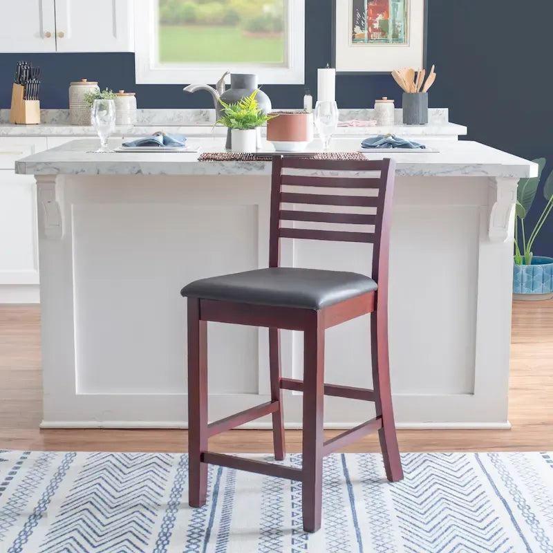 Ladder Back Counter Stool with Faux Leather Padded Seat Brown