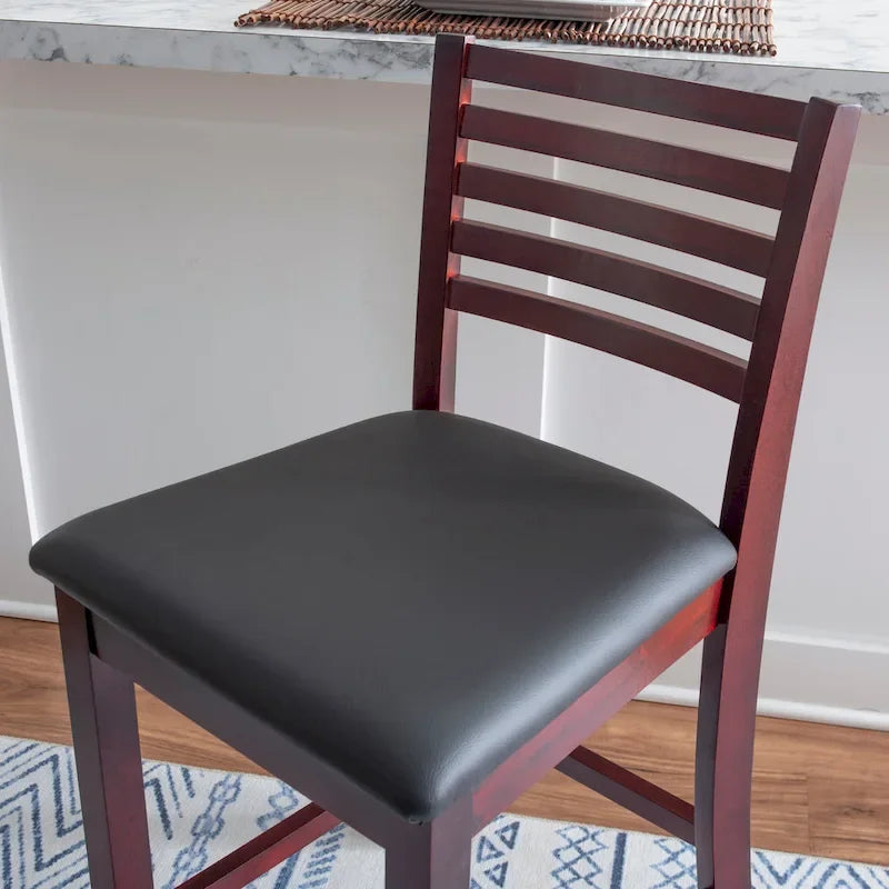 Ladder Back Counter Stool with Faux Leather Padded Seat Brown