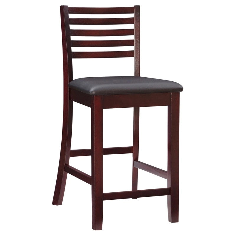 Ladder Back Counter Stool with Faux Leather Padded Seat Brown