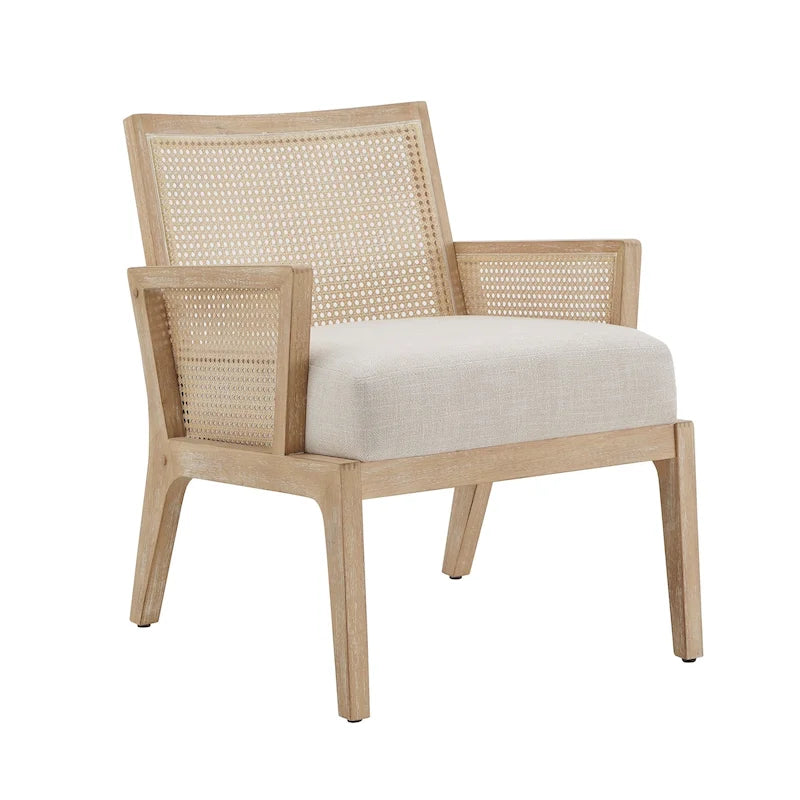 Beige Fabric Cane Accent Chair with Natural Wood Frame