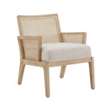 Beige Fabric Cane Accent Chair with Natural Wood Frame
