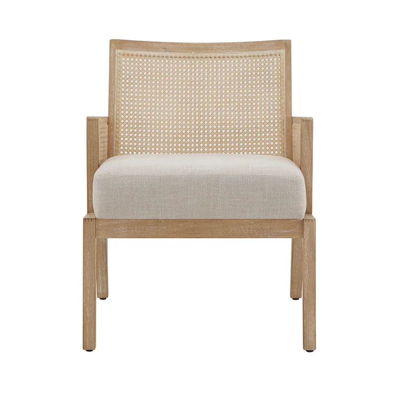 Beige Fabric Cane Accent Chair with Natural Wood Frame