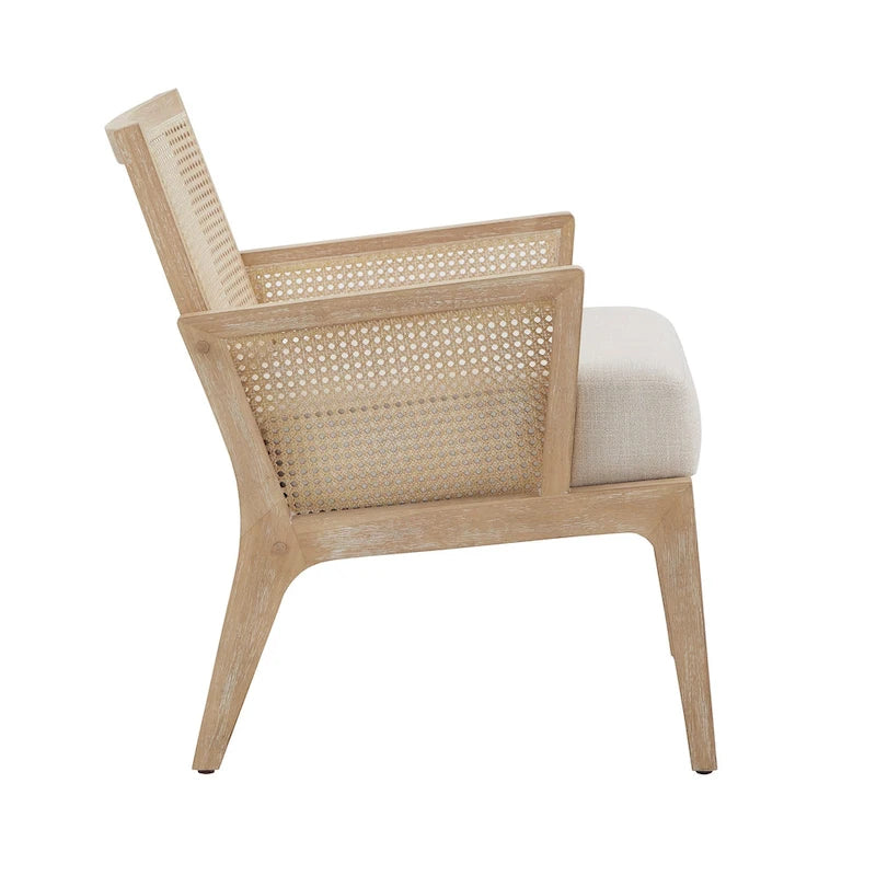 Beige Fabric Cane Accent Chair with Natural Wood Frame
