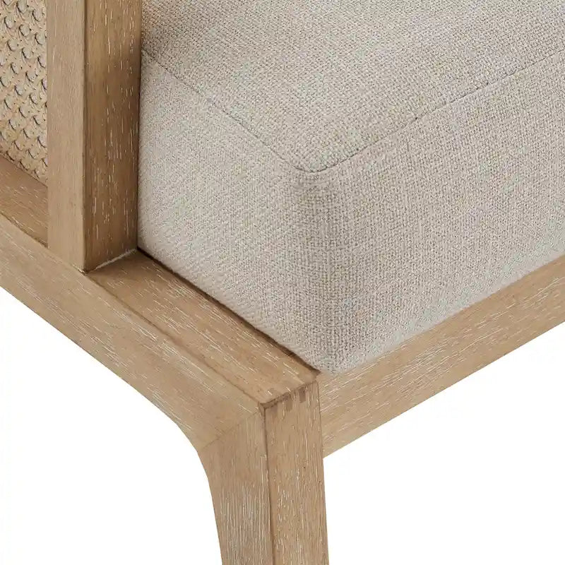 Beige Fabric Cane Accent Chair with Natural Wood Frame