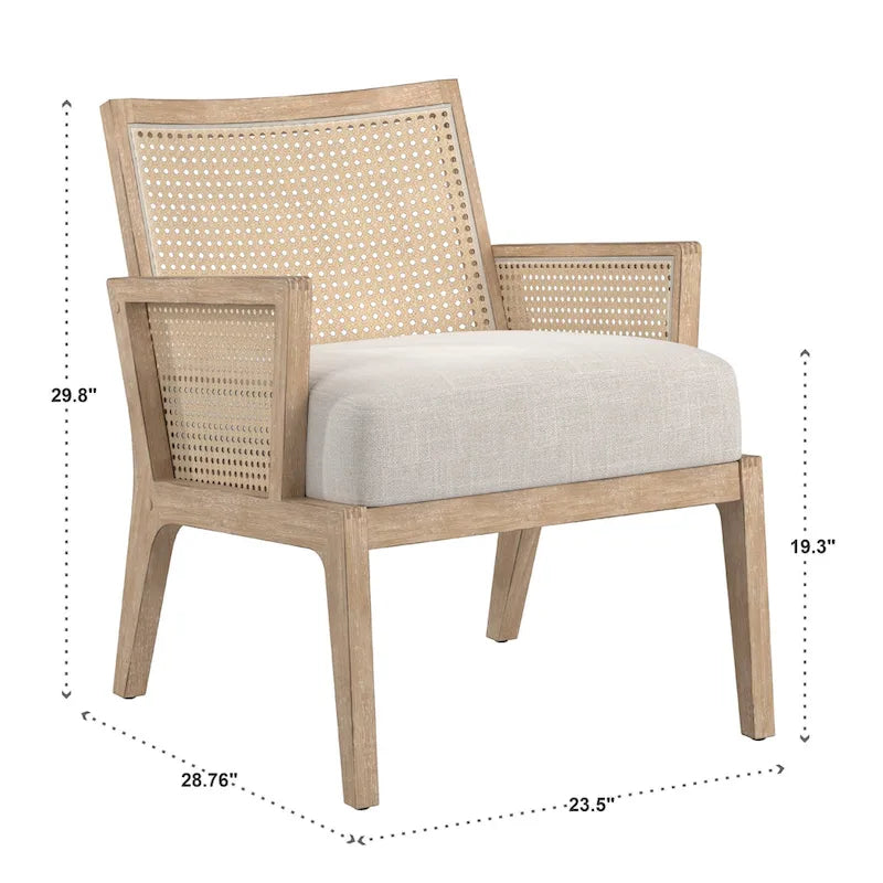 Beige Fabric Cane Accent Chair with Natural Wood Frame