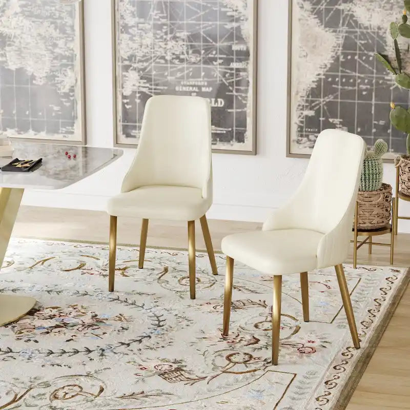 Ivory White PU Leather Upholstered Dining Chair Gold Metal Legs
