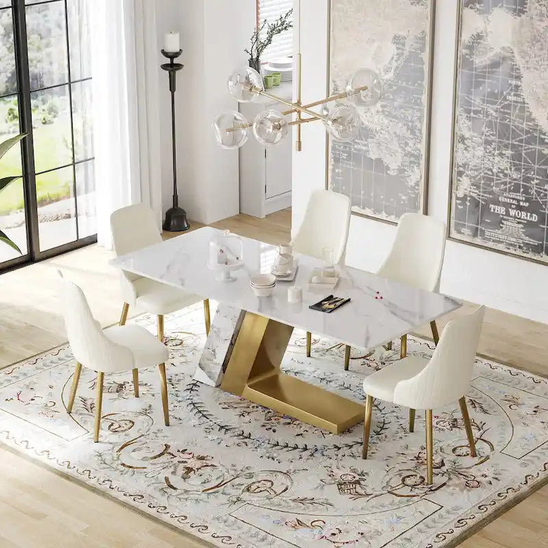 Ivory White PU Leather Upholstered Dining Chair Gold Metal Legs