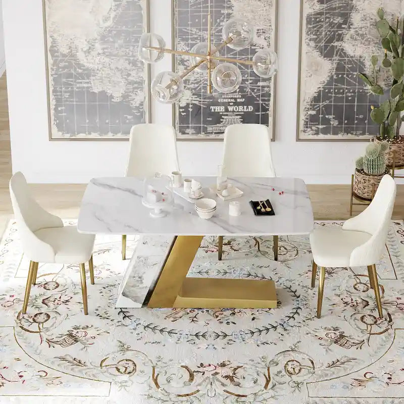 Ivory White PU Leather Upholstered Dining Chair Gold Metal Legs