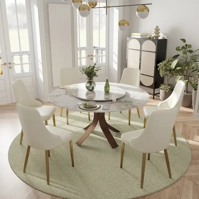 Ivory White PU Leather Upholstered Dining Chair Gold Metal Legs
