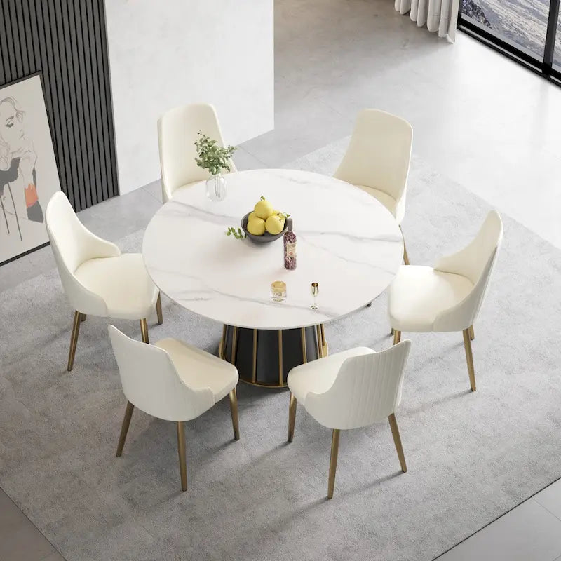 Ivory White PU Leather Upholstered Dining Chair Gold Metal Legs