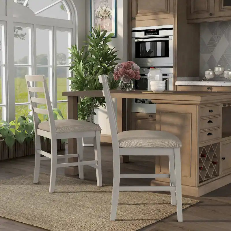 Farmhouse White Wood Ladderback Counter Height Chair with Grey Fabric Seat