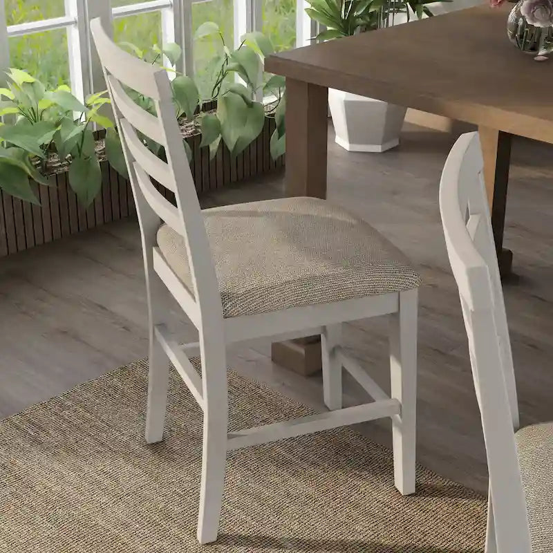 Farmhouse White Wood Ladderback Counter Height Chair with Grey Fabric Seat