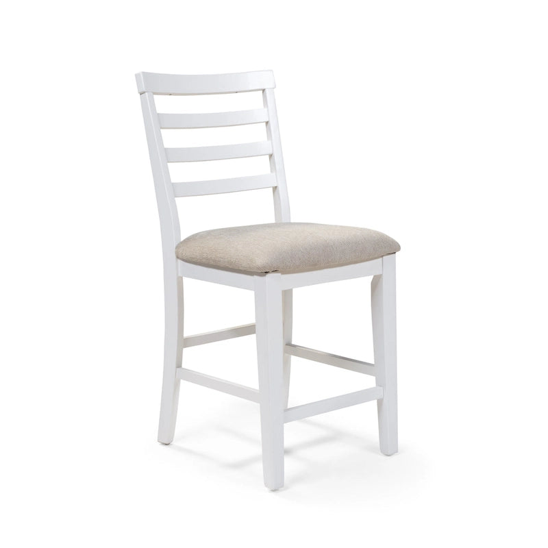 Farmhouse White Wood Ladderback Counter Height Chair with Grey Fabric Seat