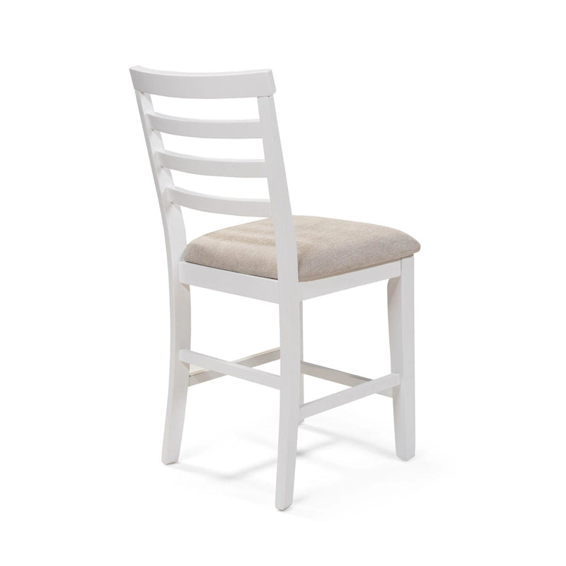 Farmhouse White Wood Ladderback Counter Height Chair with Grey Fabric Seat