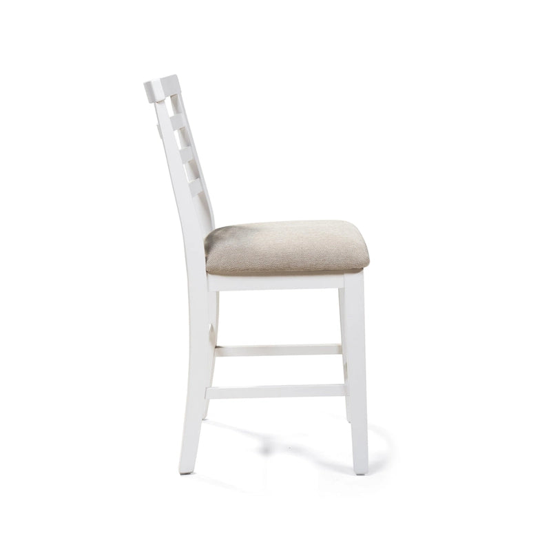 Farmhouse White Wood Ladderback Counter Height Chair with Grey Fabric Seat