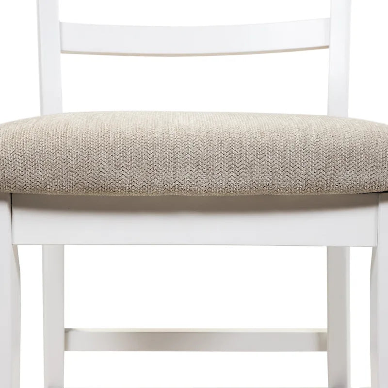 Farmhouse White Wood Ladderback Counter Height Chair with Grey Fabric Seat