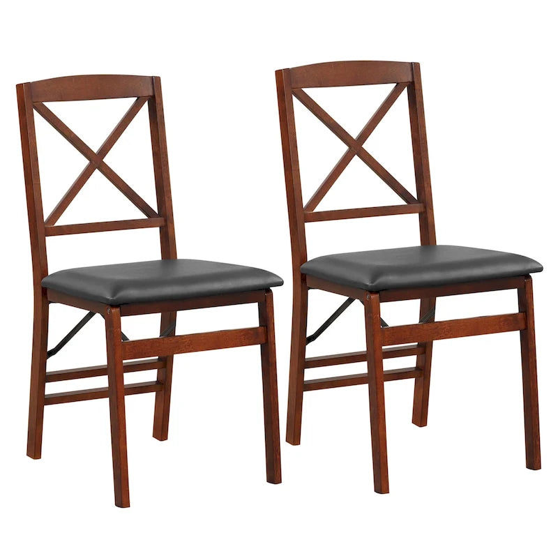 Foldable Dining Chair X-Back Solid Wood PU Leather Padded Seat Black Brown