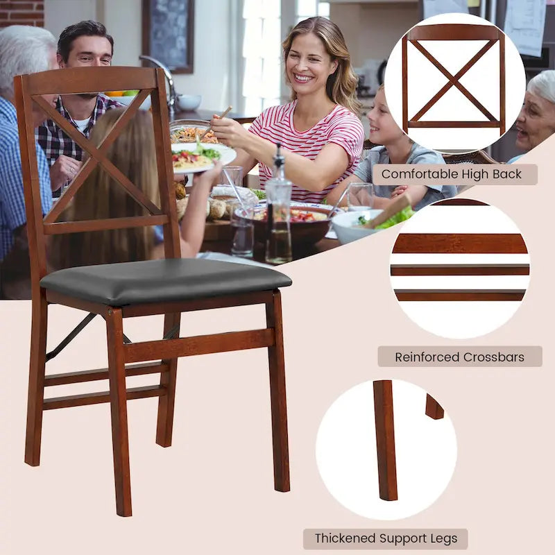 Foldable Dining Chair X-Back Solid Wood PU Leather Padded Seat Black Brown