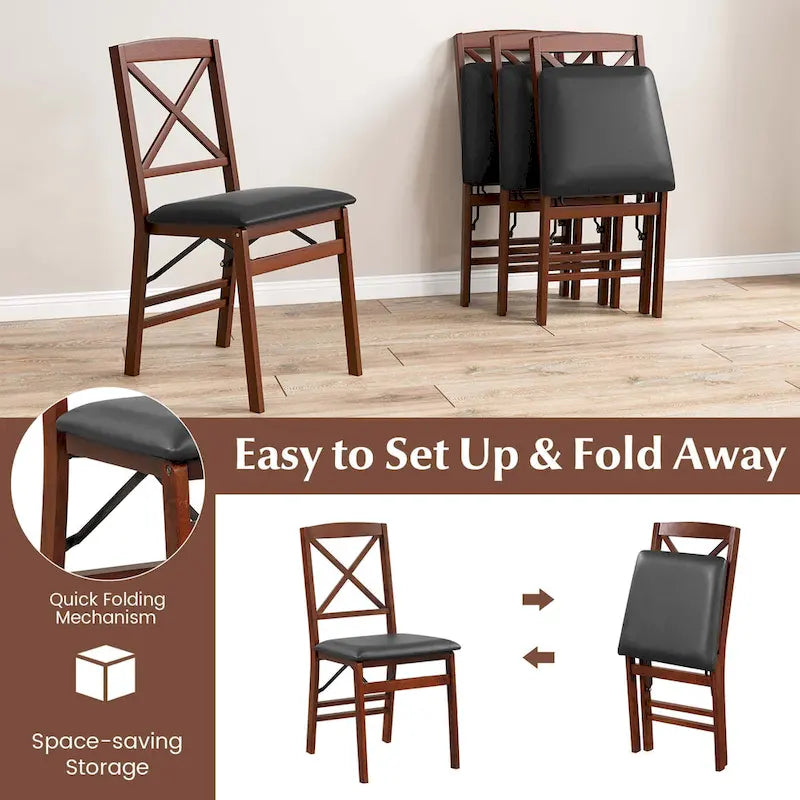 Foldable Dining Chair X-Back Solid Wood PU Leather Padded Seat Black Brown