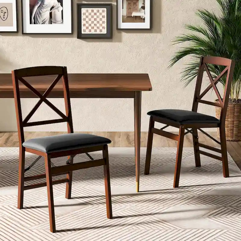 Foldable Dining Chair X-Back Solid Wood PU Leather Padded Seat Black Brown