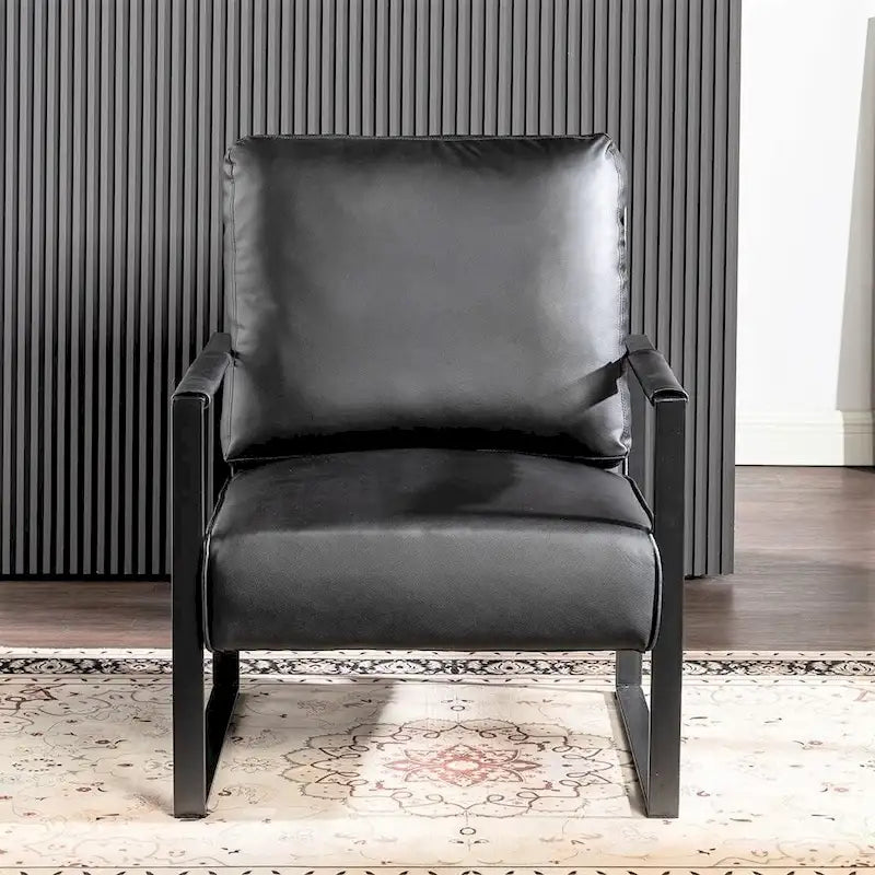 Mid-Century Modern PU Upholstered Accent Armchair with Square Metal Arms