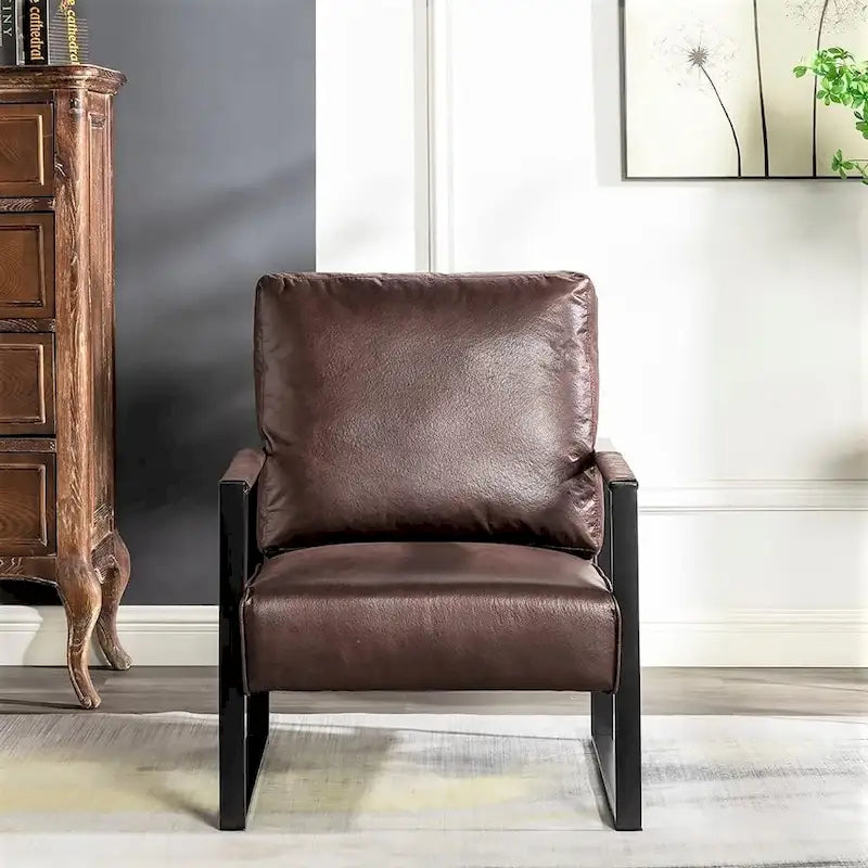 Mid-Century Modern PU Upholstered Accent Armchair with Square Metal Arms