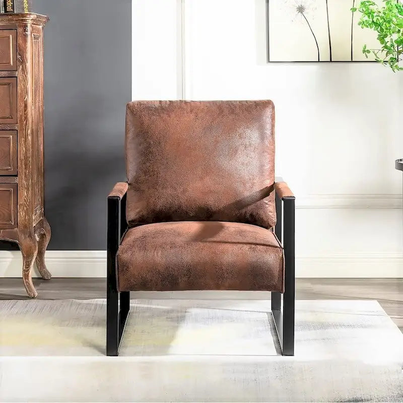 Mid-Century Modern PU Upholstered Accent Armchair with Square Metal Arms