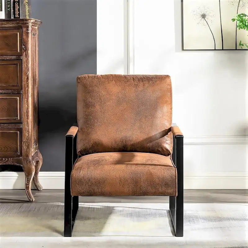 Mid-Century Modern PU Upholstered Accent Armchair with Square Metal Arms