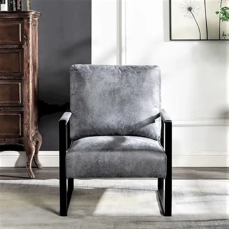 Mid-Century Modern PU Upholstered Accent Armchair with Square Metal Arms