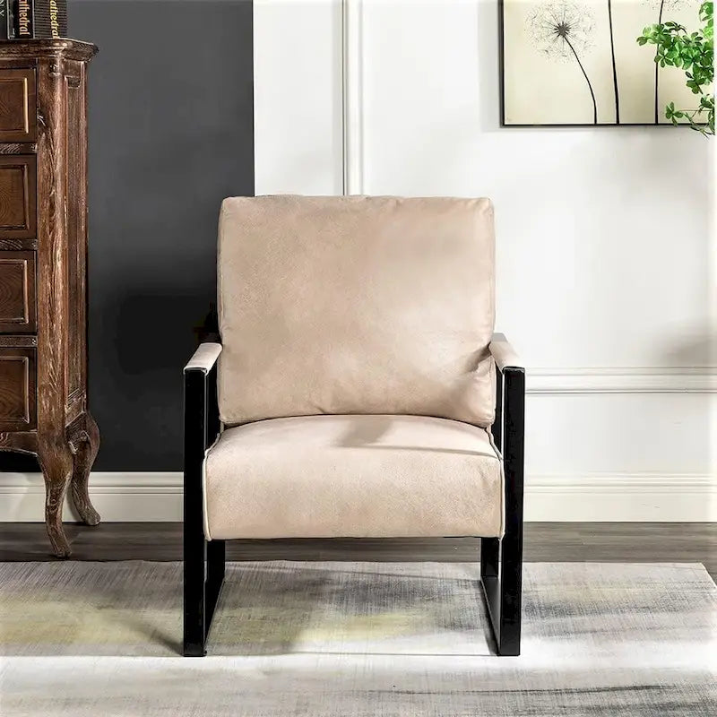 Mid-Century Modern PU Upholstered Accent Armchair with Square Metal Arms