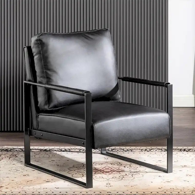 Mid-Century Modern PU Upholstered Accent Armchair with Square Metal Arms