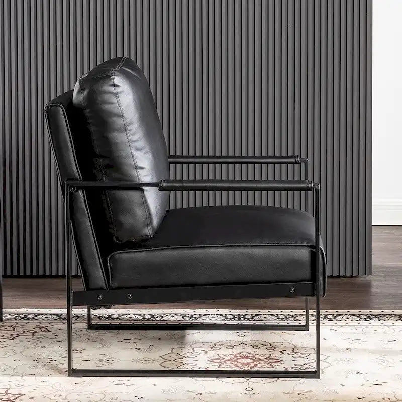 Mid-Century Modern PU Upholstered Accent Armchair with Square Metal Arms