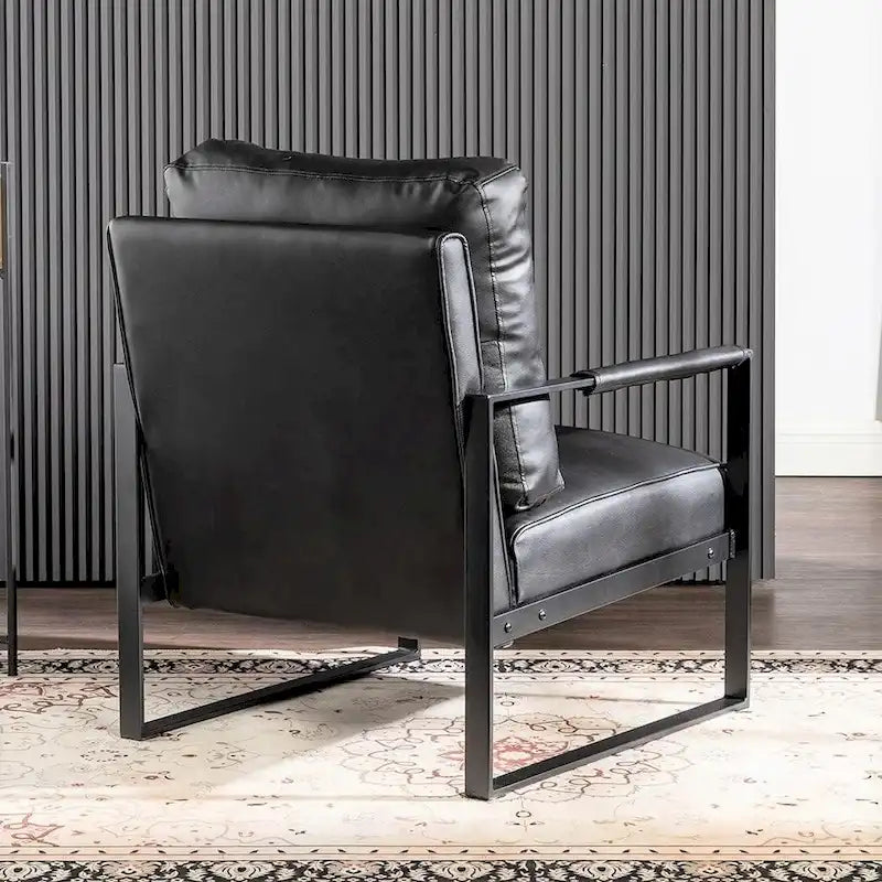 Mid-Century Modern PU Upholstered Accent Armchair with Square Metal Arms