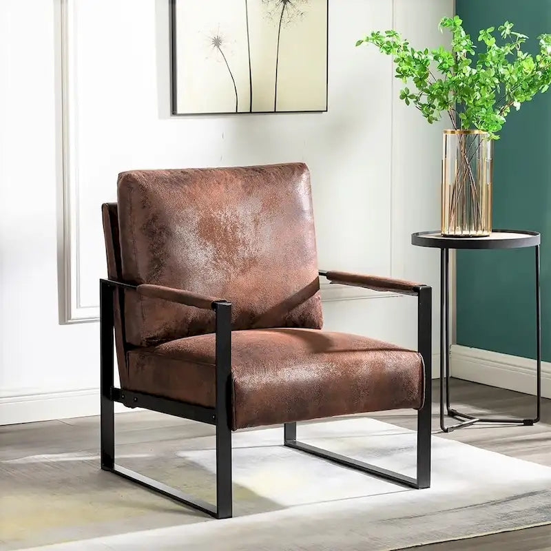 Mid-Century Modern PU Upholstered Accent Armchair with Square Metal Arms