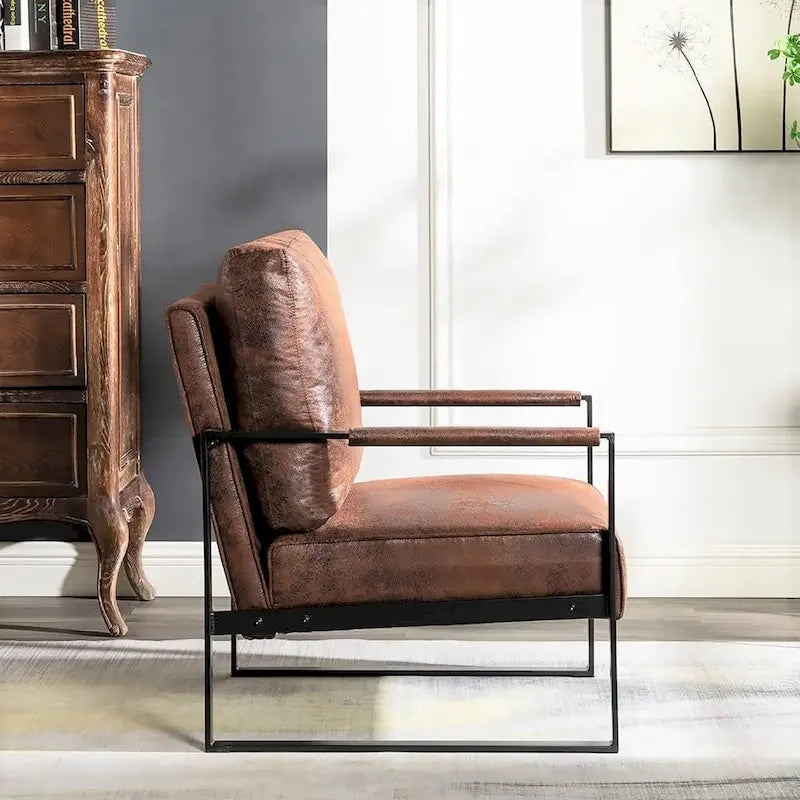Mid-Century Modern PU Upholstered Accent Armchair with Square Metal Arms