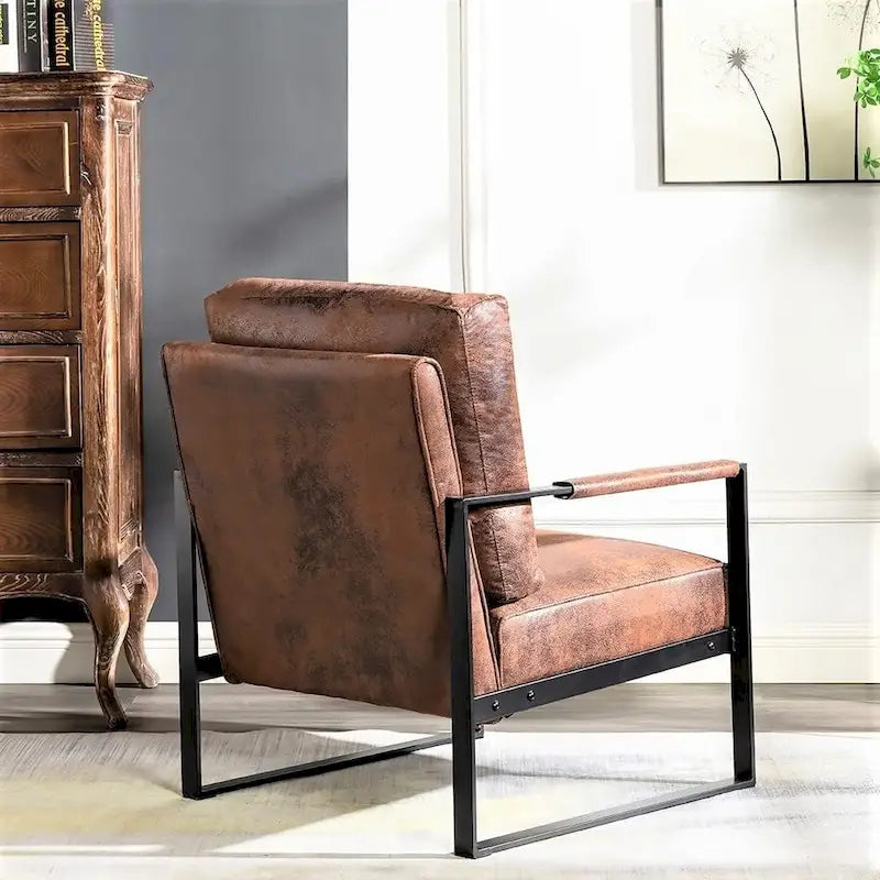 Mid-Century Modern PU Upholstered Accent Armchair with Square Metal Arms