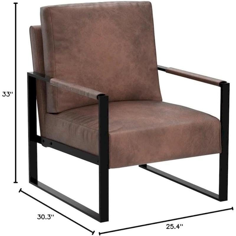 Mid-Century Modern PU Upholstered Accent Armchair with Square Metal Arms