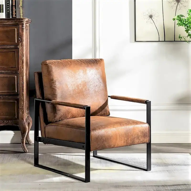 Mid-Century Modern PU Upholstered Accent Armchair with Square Metal Arms