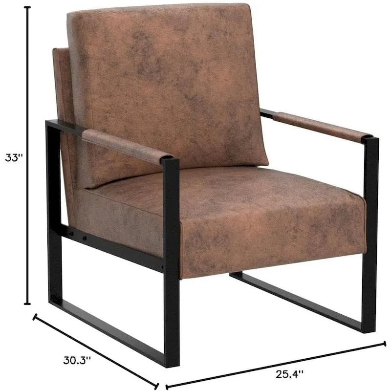Mid-Century Modern PU Upholstered Accent Armchair with Square Metal Arms