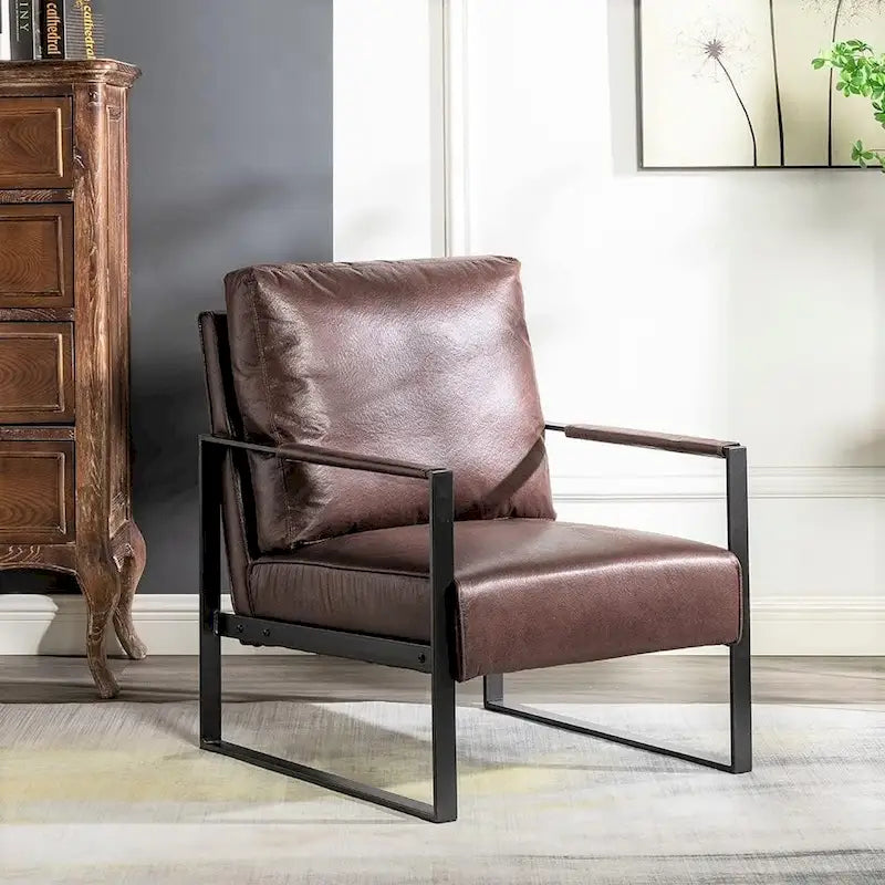 Mid-Century Modern PU Upholstered Accent Armchair with Square Metal Arms