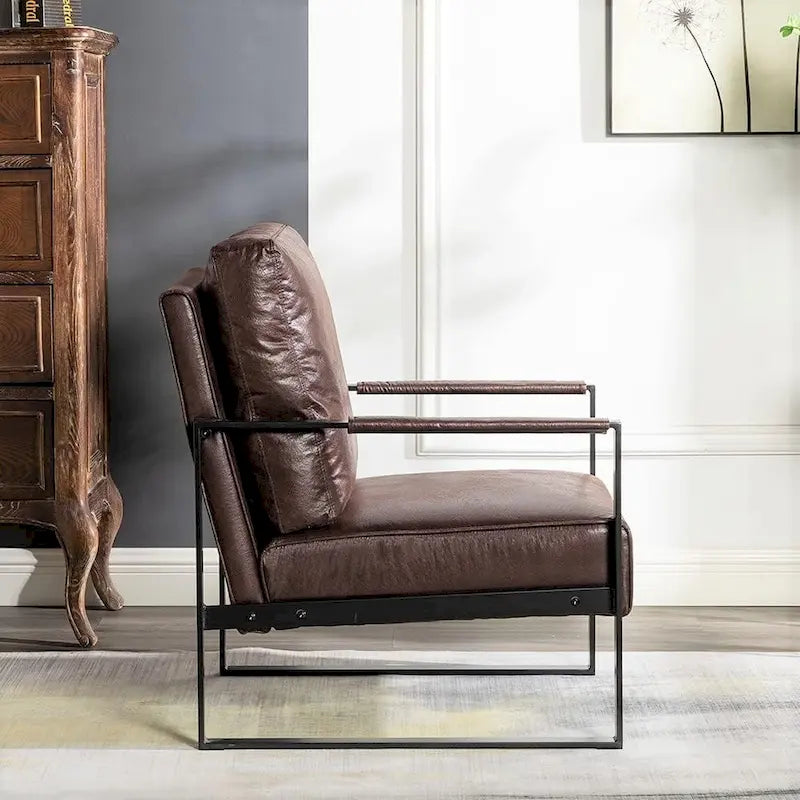 Mid-Century Modern PU Upholstered Accent Armchair with Square Metal Arms