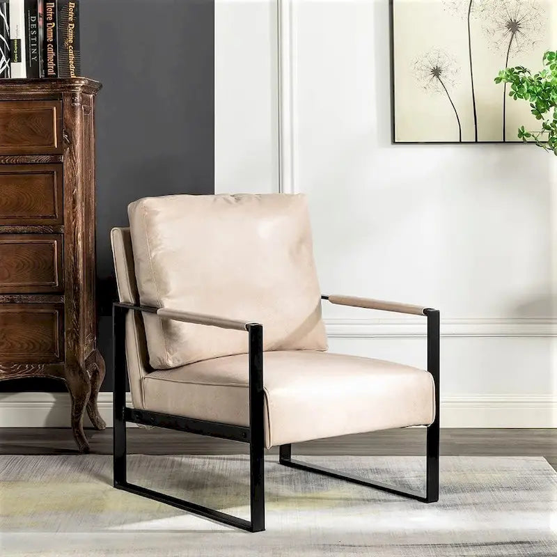 Mid-Century Modern PU Upholstered Accent Armchair with Square Metal Arms